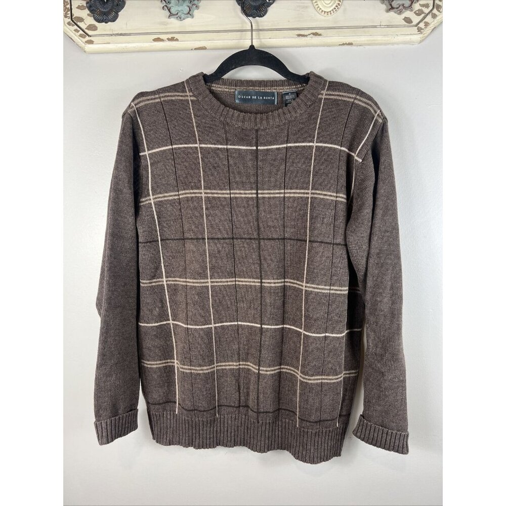 Oscar De La Renta Mens Plaid Knit Sweater Brown Medium